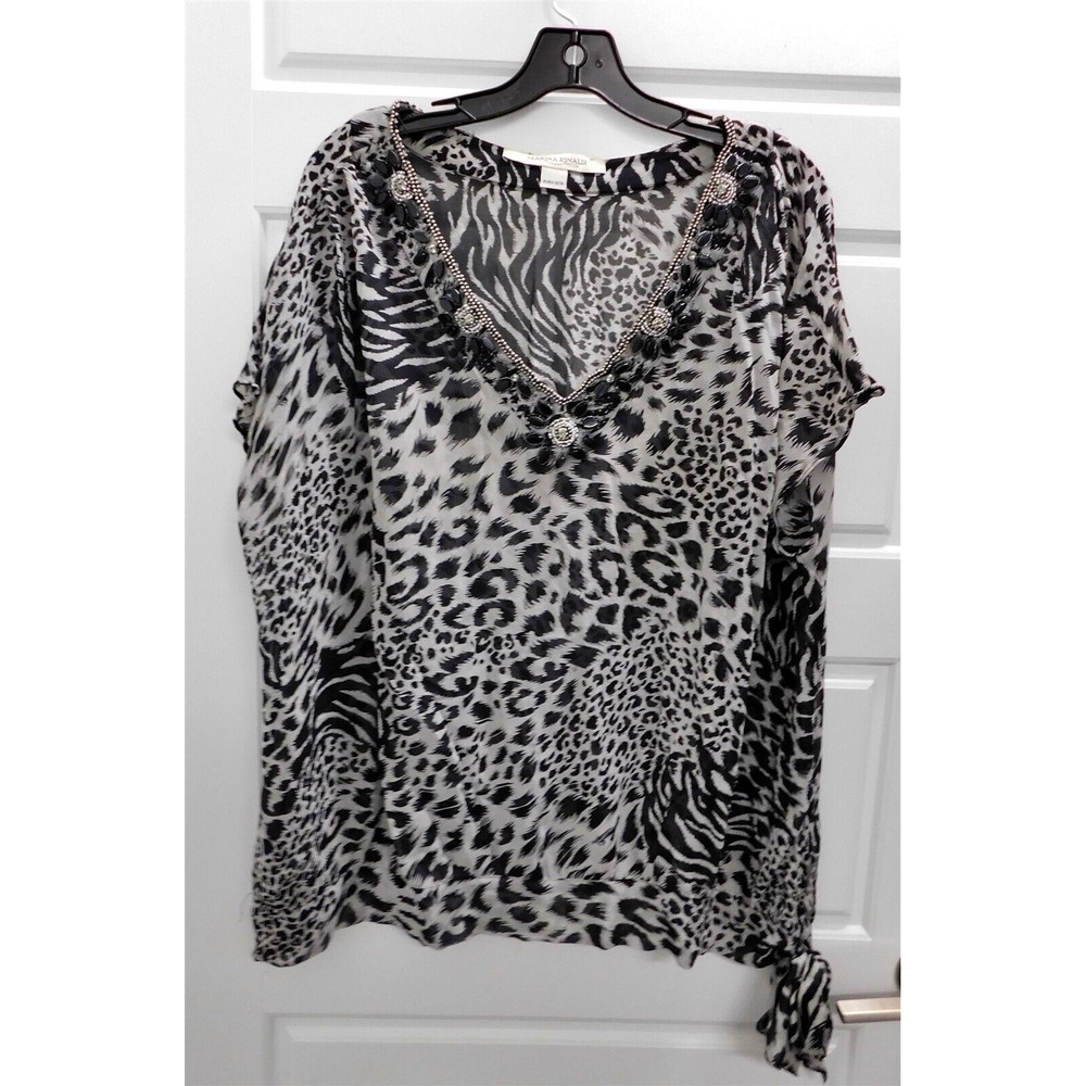 Marina Rinaldi‎ Silk Beaded Jeweled Animal Print Sheer Blouse Top sz 27